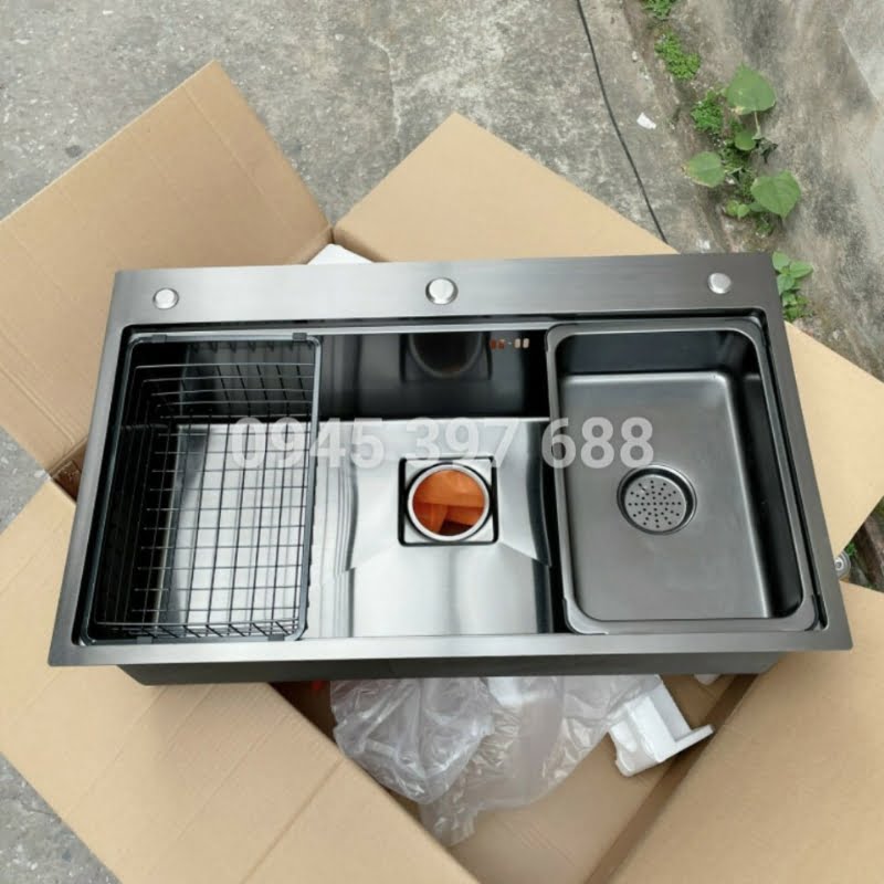 Chậu Rửa Bát 1 Hố 7848Đ Inox304 Nano Đen- Tặng kèm khay và rổ