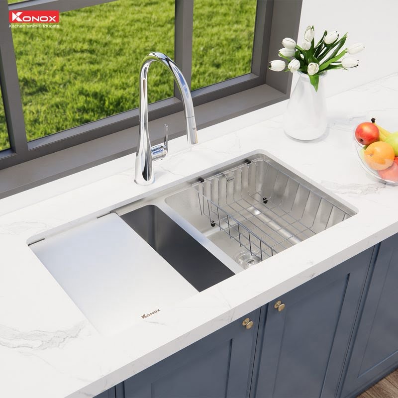 Chậu rửa bát chống xước KONOX – Undermount Sink KN8646DU Dekor - Chậu 2 hố inox304 - Ảnh 2
