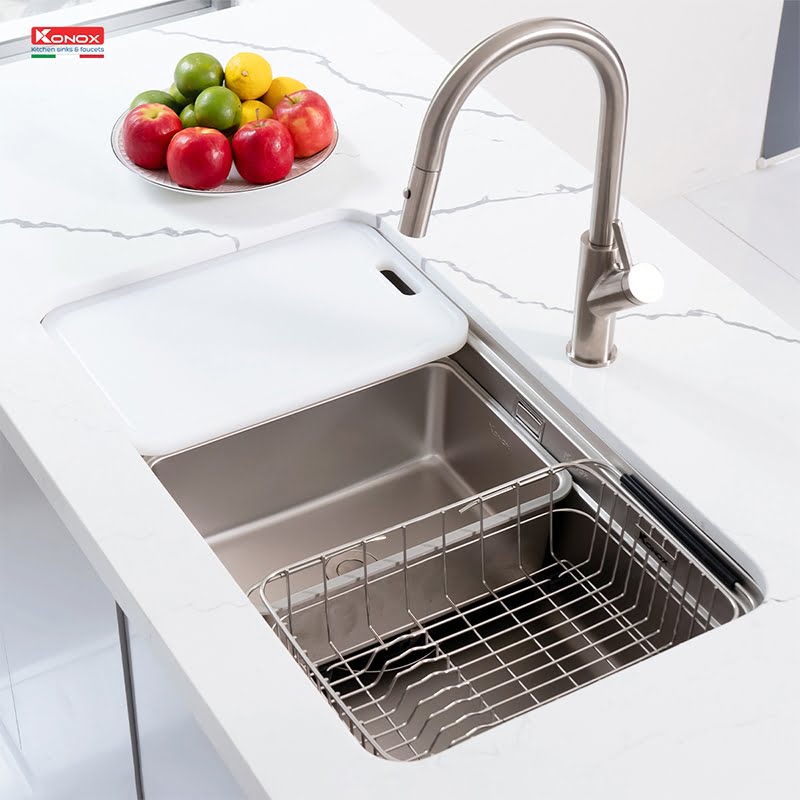 Chậu rửa bát KONOX chống xước Workstation Sink KN8347SU Dekor- Chậu 1 hố inox304+ Vòi Rút - Ảnh 4