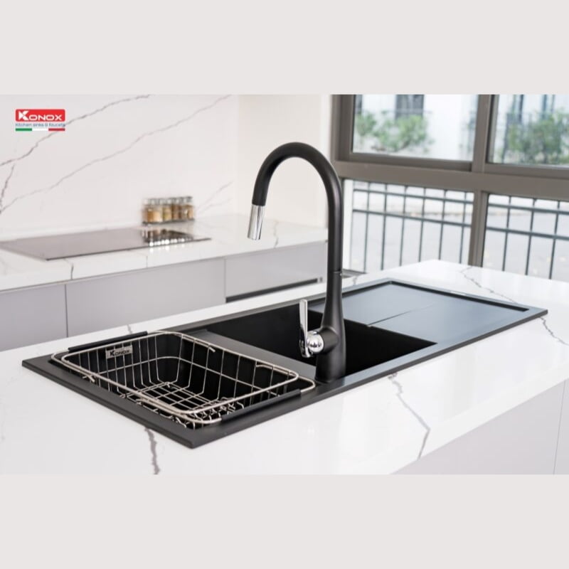 Chậu rửa bát KONOX Granite Sink Livello Smart 1160 – Chậu đá đen 2 hố có bàn chờ - Ảnh 2