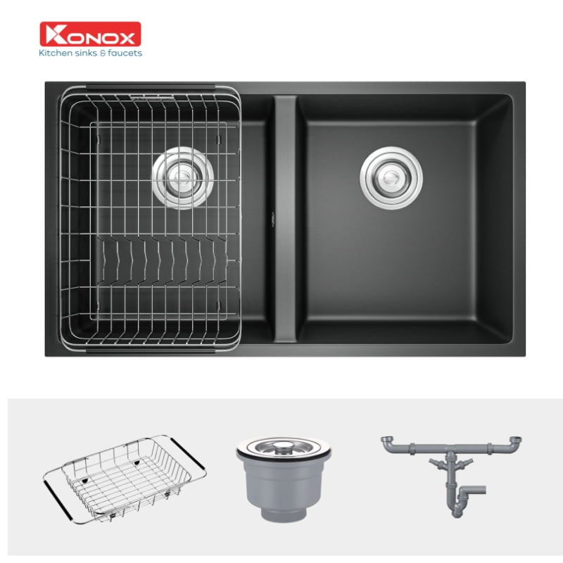 Chậu rửa bát KONOX Granite Sink Veloci 760D – Chậu đá 2 hố Black - Ảnh 2
