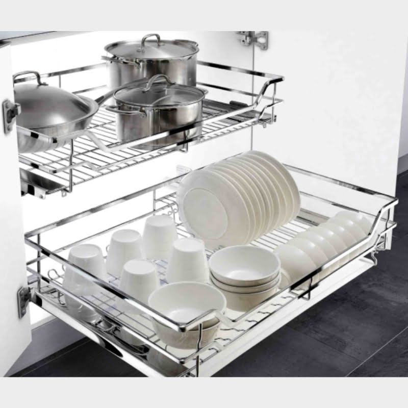 Gía để xoong nồi - bát đĩa inox304, Ray giảm chấn tải trọng 30kg