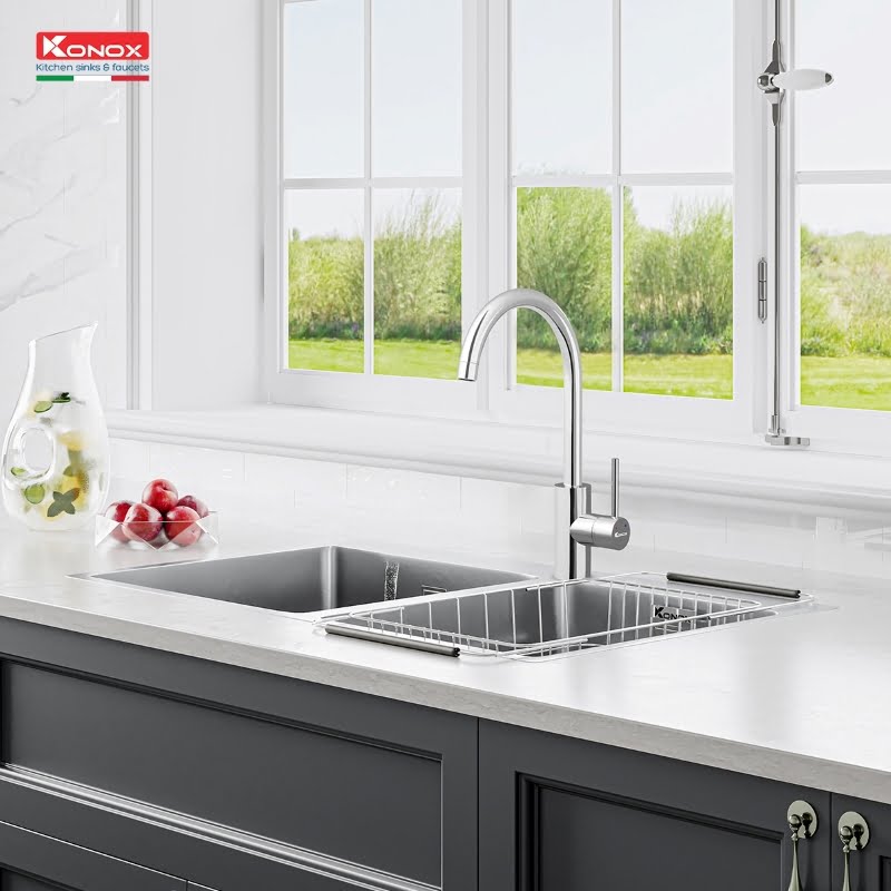 Vòi rửa bát nóng lạnh Rio - Vòi thiết kế bo tròn, đầu vòi cong. - Ảnh 3