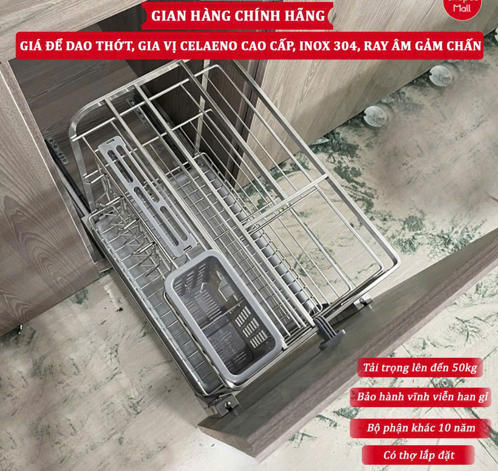 Gía để dao thớt chai lọ đầy đủ kích thước, inox304- Ray giảm chấn inox 304