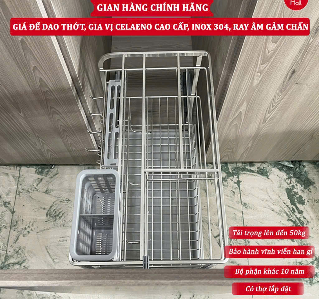 Gía để dao thớt chai lọ đầy đủ kích thước, inox304- Ray giảm chấn inox 304 - Ảnh 7