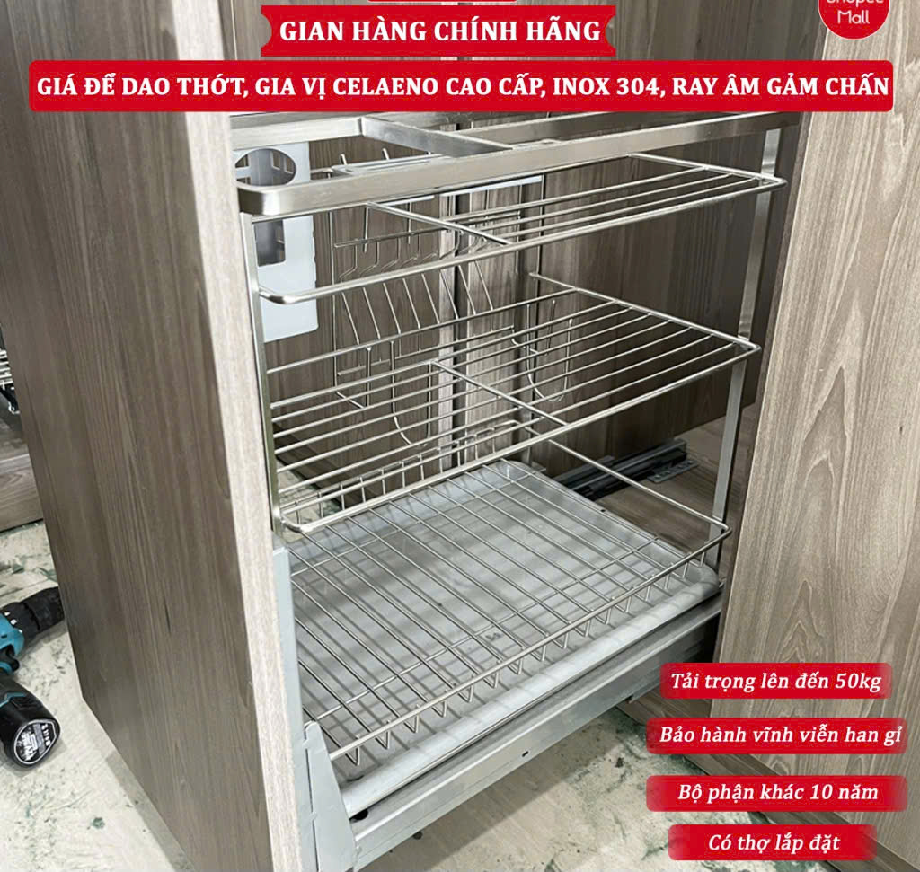 Gía để dao thớt chai lọ đầy đủ kích thước, inox304- Ray giảm chấn inox 304 - Ảnh 6