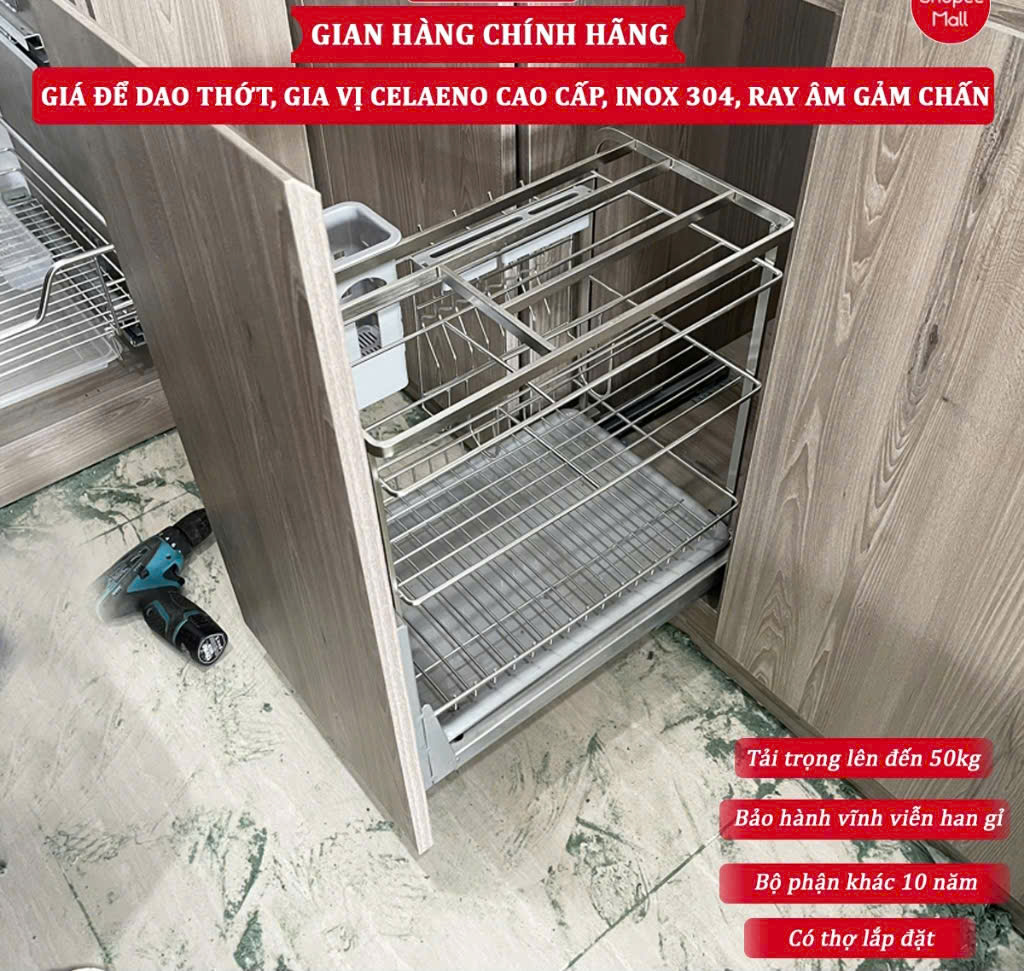 Gía để dao thớt chai lọ đầy đủ kích thước, inox304- Ray giảm chấn inox 304 - Ảnh 5