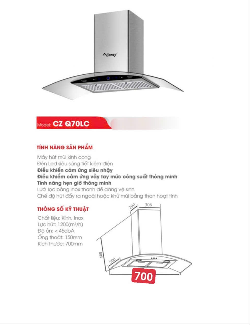 Máy hút mùi Canzy CZ Q70DL/ CZ DB70Q - Bảo hành 3 năm (Sale lớn trong năm) - Ảnh 5