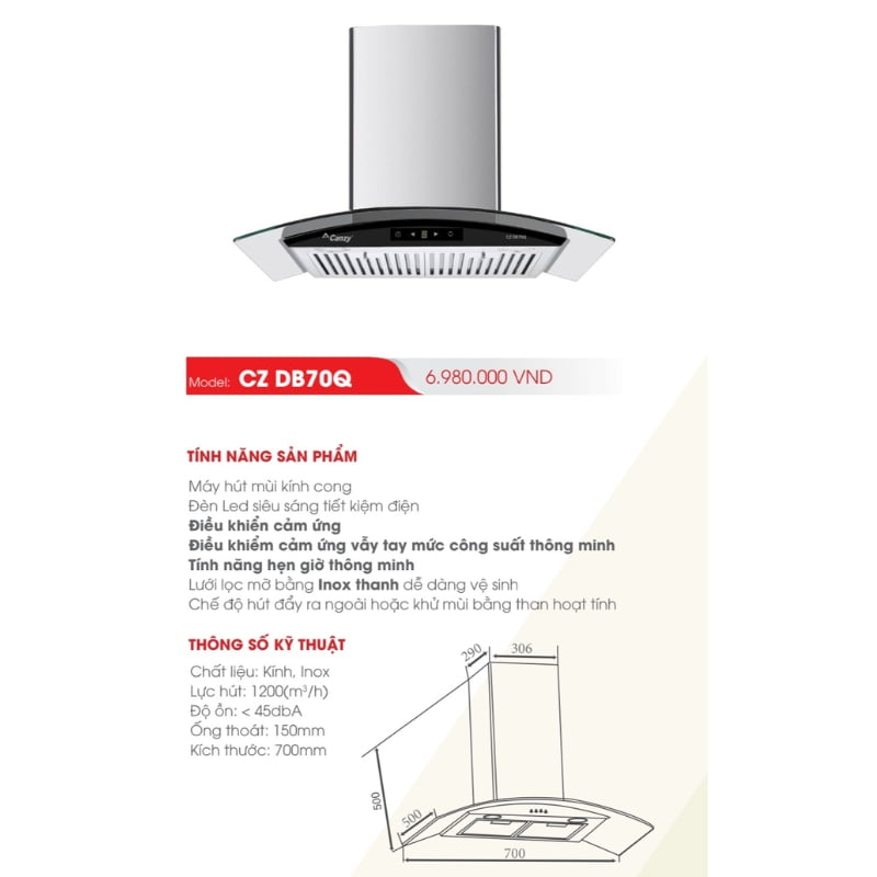 Máy hút mùi Canzy CZ Q70DL/ CZ DB70Q - Bảo hành 3 năm (Sale lớn trong năm) - Ảnh 4