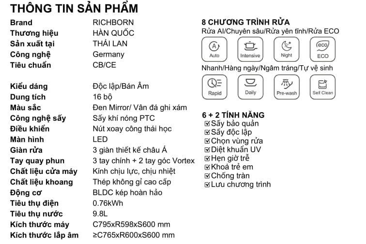 Máy rửa bát Richborn RDG6080SQB - Thailand 16 bộ (3 giàn), sấy khí nóng - Ảnh 4