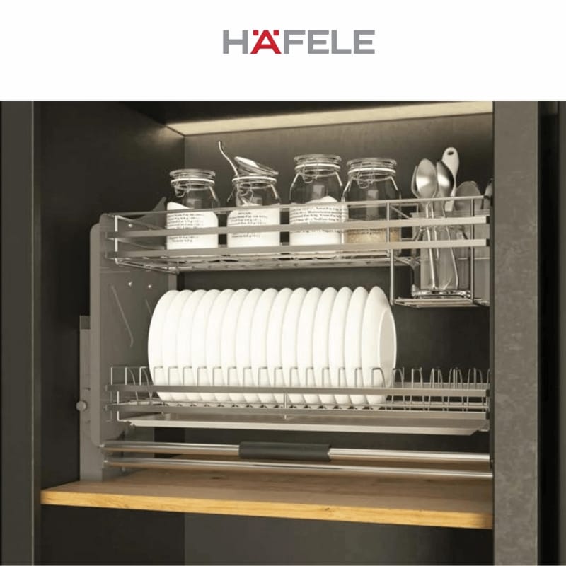 Alternative view of Rổ chén đĩa nâng hạ Hafele với thiết kế lưới tròn, kèm ống đựng đũa LENTO