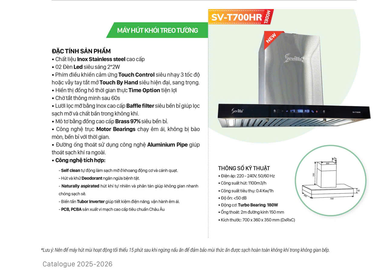 Máy hút khử mùi cao cấp Sevilla SV-T700HR - bảo hành tại nhà - Ảnh 4